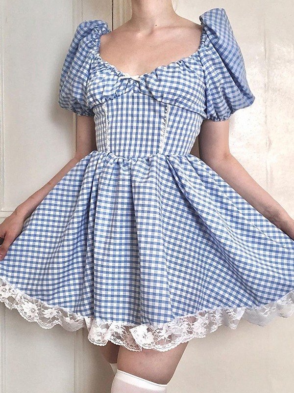 Emmiol Free shipping 2026 Puff Sleeve Checkered Milkmaid Mini Dress Blue S  in Mini Dresses online store. | EMMIOL