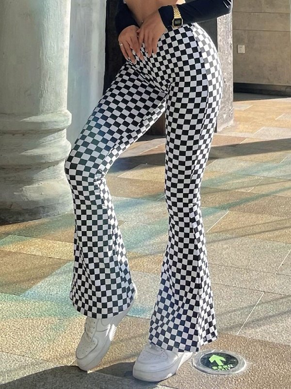 EMMIOL Pantalones acampanados con estampado a cuadros