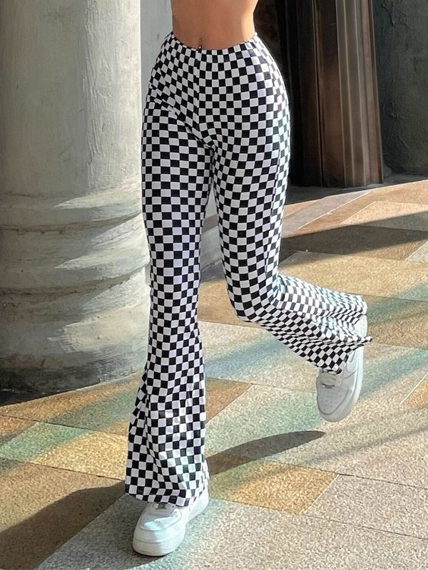 EMMIOL Pantalones acampanados con estampado a cuadros