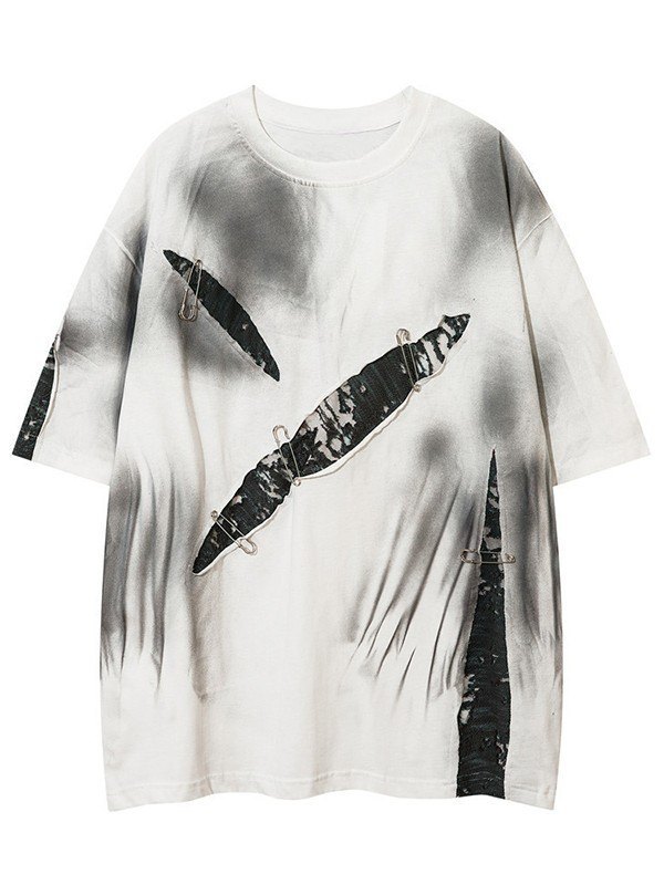 EMMIOL Camiseta desgastada con teñido anudado y imperdible para hombre