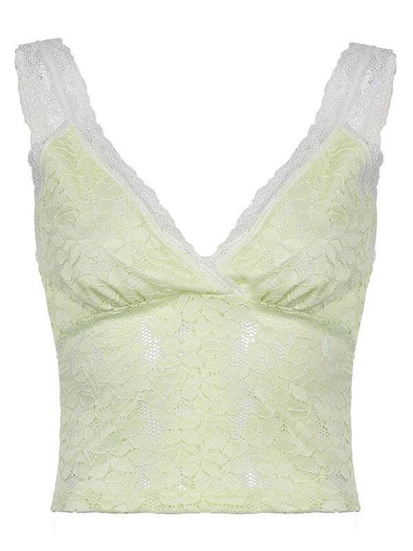 Emmiol Free shipping 2023 V Neck Floral Lace Crop Tank Top Green S in