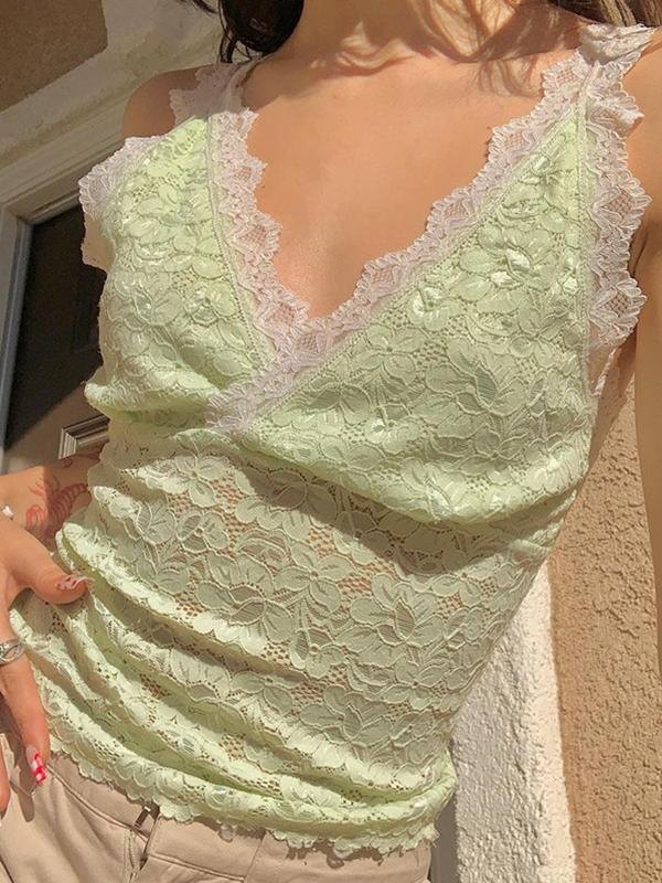 2022 V Neck Floral Lace Crop Tank Top Green S In Tank Tops & Camis