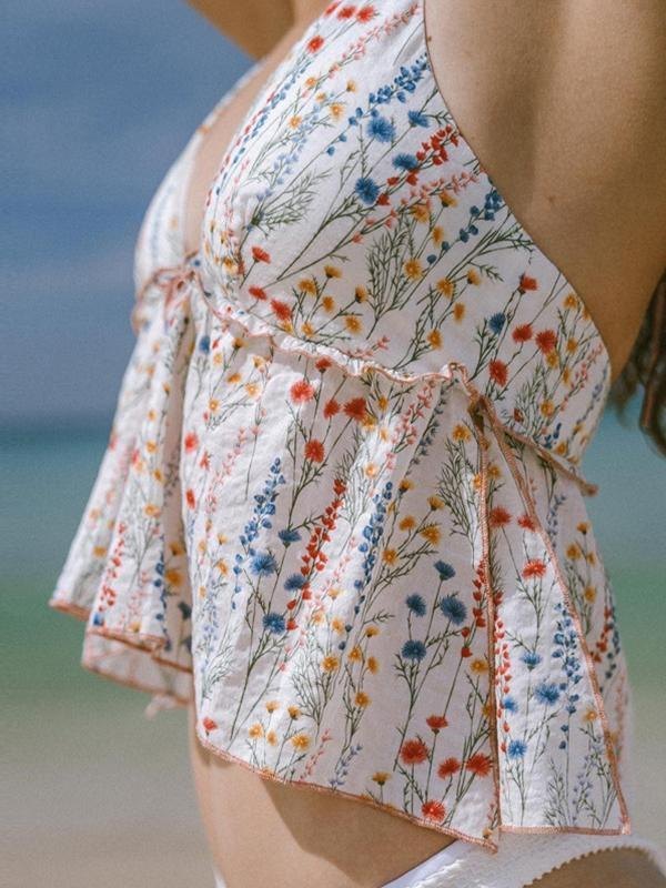 EMMIOL Halter Lace Up Floral Print Crop Cami Top