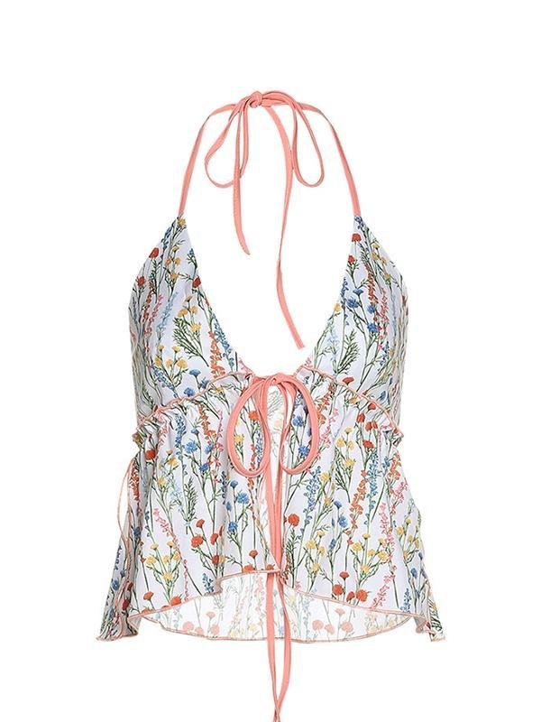 EMMIOL Halter Lace Up Floral Print Crop Cami Top