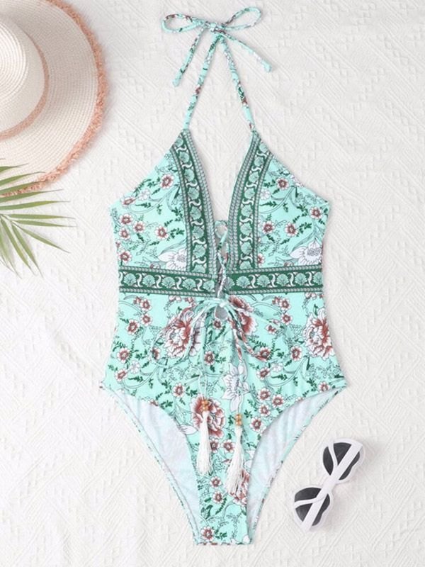 EMMIOL Lace Up Totem Floral One Piece Swimsuit