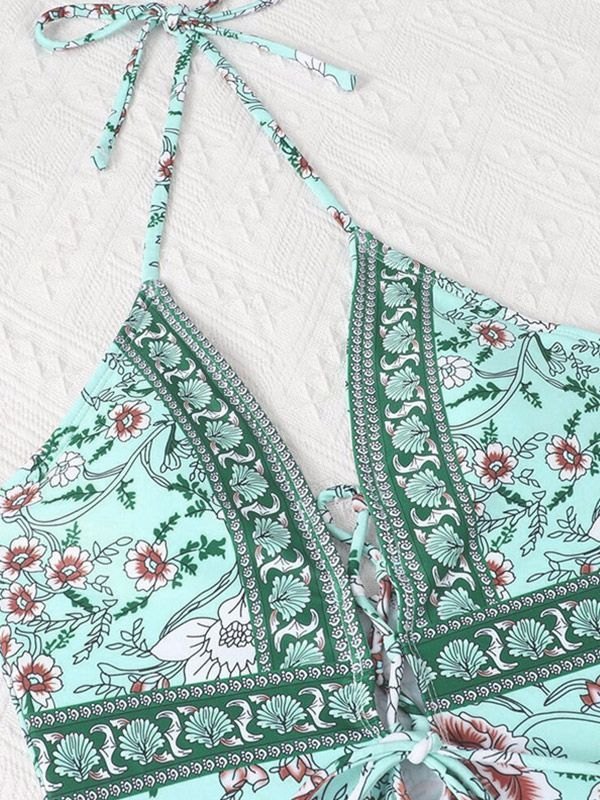 EMMIOL Lace Up Totem Floral One Piece Swimsuit