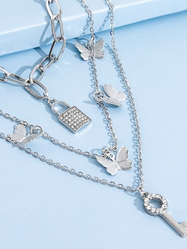 EMMIOL Layered Key Lock Butterfly Charm Necklace