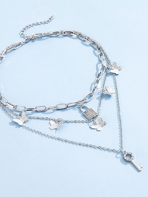 EMMIOL Layered Key Lock Butterfly Charm Necklace