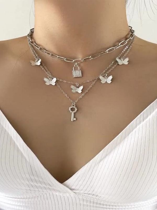 EMMIOL Layered Key Lock Butterfly Charm Necklace