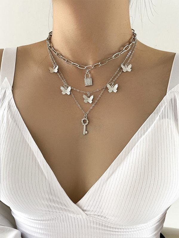 EMMIOL Layered Key Lock Butterfly Charm Necklace