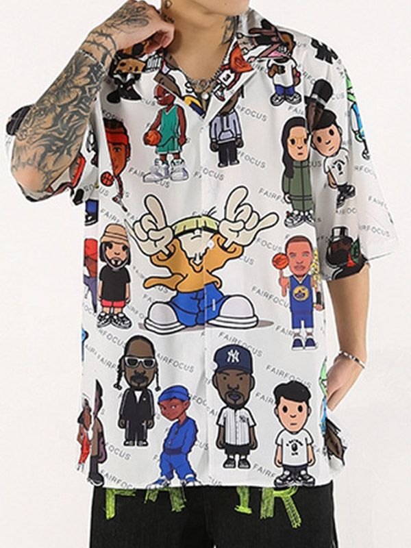 EMMIOL Camisa con botones en toda la prenda de dibujos animados para hombre