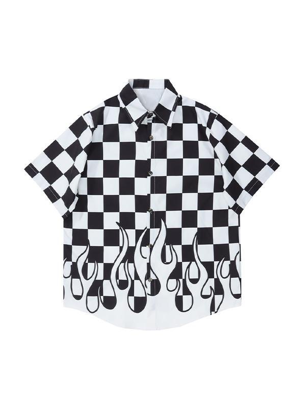 Men' Flame Checkered Print Button Shirt 