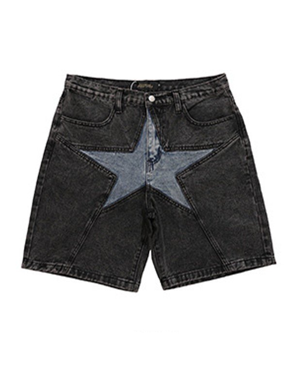 EMMIOL Men's Washed Star Patch Denim Shorts