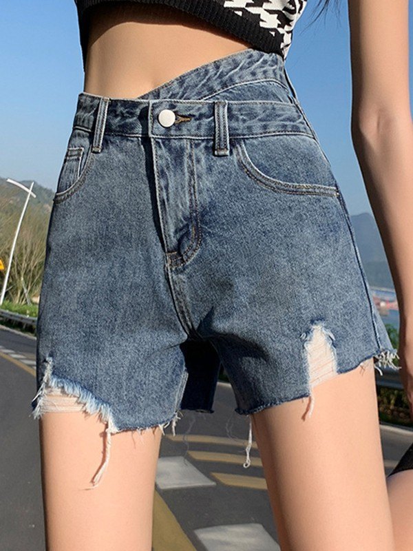EMMIOL Criss Cross Distressed Denim Shorts