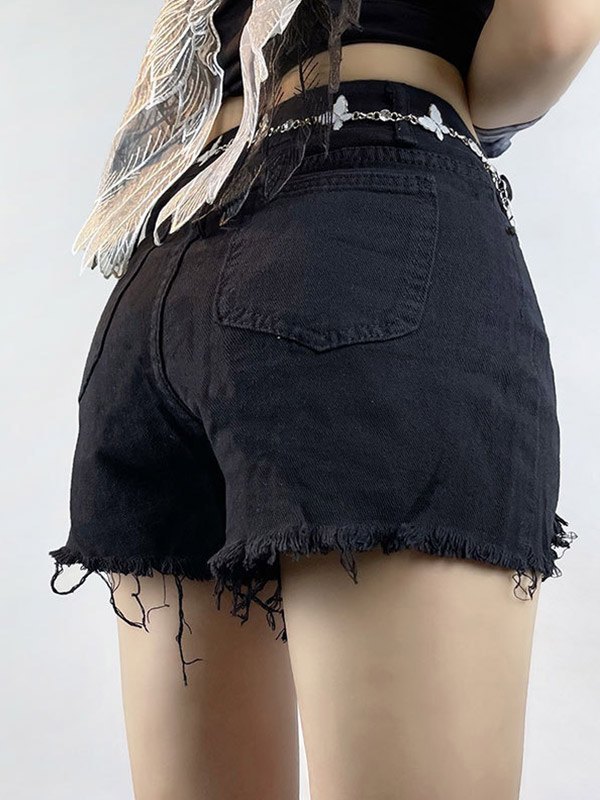 EMMIOL Shorts vaqueros negros desgastados con dobladillo sin rematar