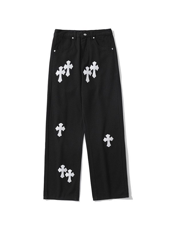 Emmiol Free shipping 2023 Men's Cross Patched Straight Leg Jeans Black