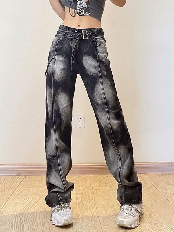EMMIOL Belted Bleached Boyfriend Jeans