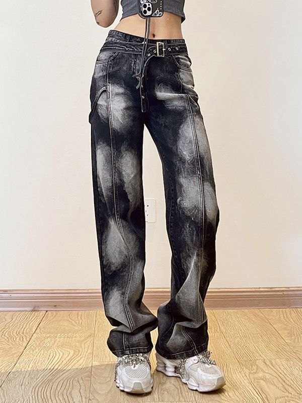 EMMIOL Belted Bleached Boyfriend Jeans