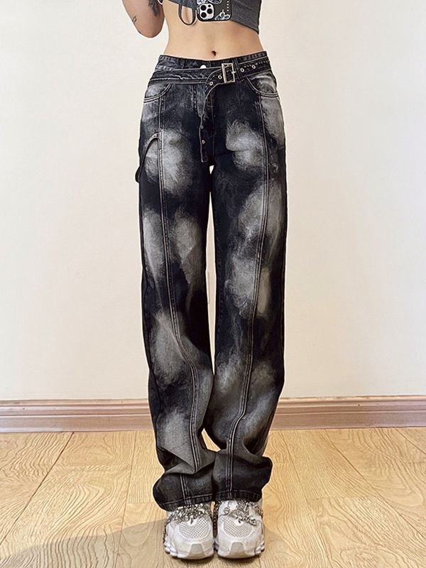 EMMIOL Belted Bleached Boyfriend Jeans