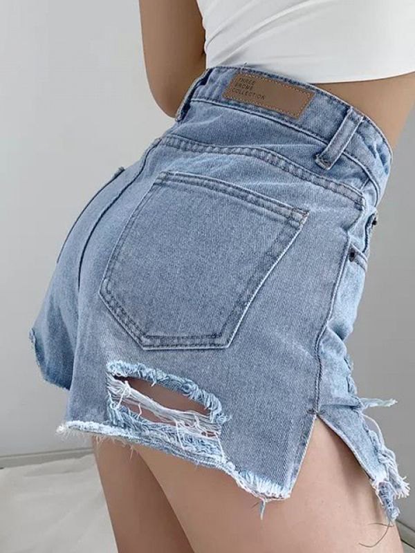 EMMIOL Pantaloncini caldi in denim invecchiato diviso