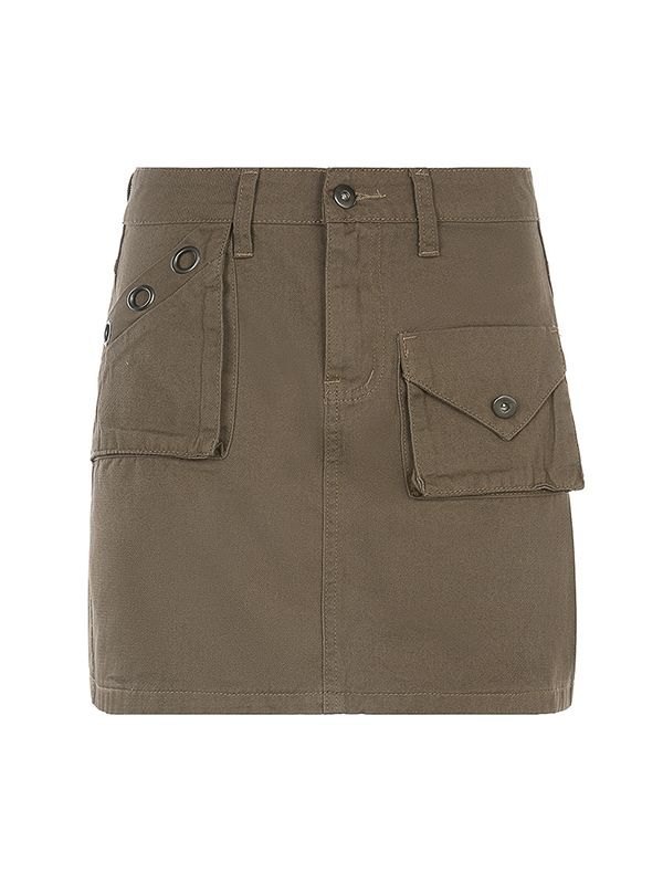 Emmiol Free shipping 2023 Denim Pocket Cargo Mini Skirt Brown L in