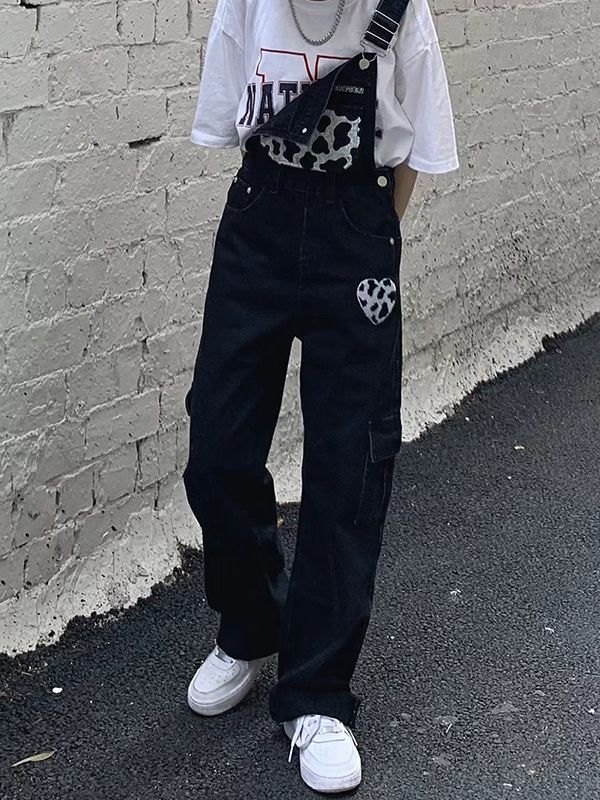 EMMIOL Overol de mezclilla con estampado de vaca vintage