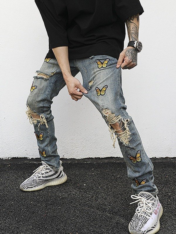 Emmiol Free shipping 2023 Men's Butterfly Embroidery Distressed Jeans Blue M in Loose Jeans