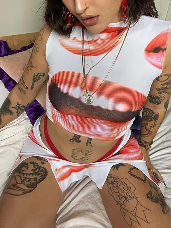 EMMIOL Conjunto de dos piezas Y2K con estampado de labios