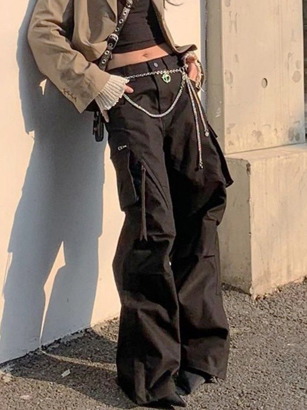 Emmiol Free shipping 2023 Pocket Patch Black Cargo Pants Black L in