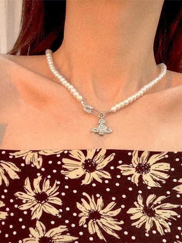 2022 Rhinestone Pin Decor Faux Pearl Necklace Silver ONE SIZE In
