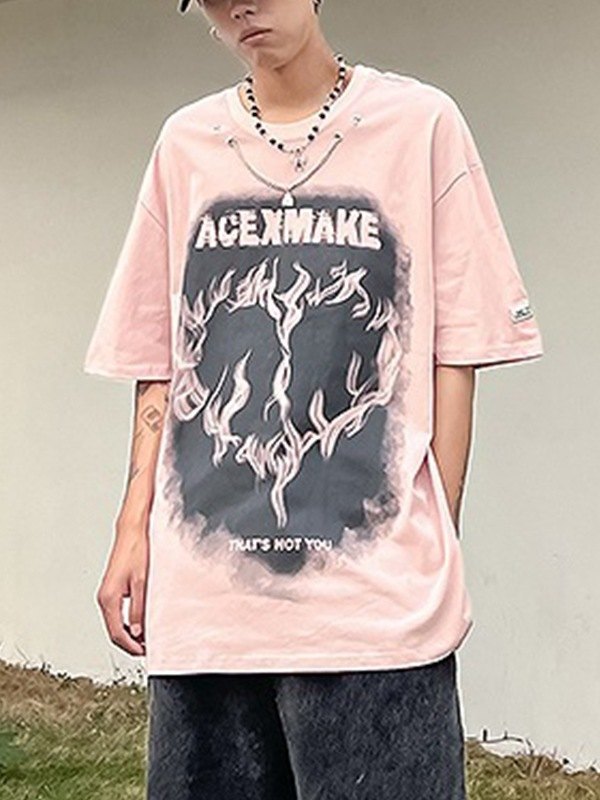 EMMIOL Camiseta con estampado de llamas y adorno de cadena para hombre