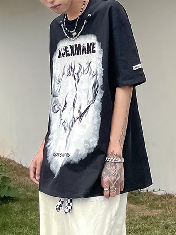 EMMIOL Camiseta con estampado de llamas y adorno de cadena para hombre