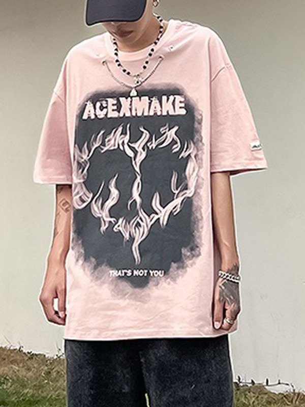 EMMIOL Camiseta con estampado de llamas y adorno de cadena para hombre