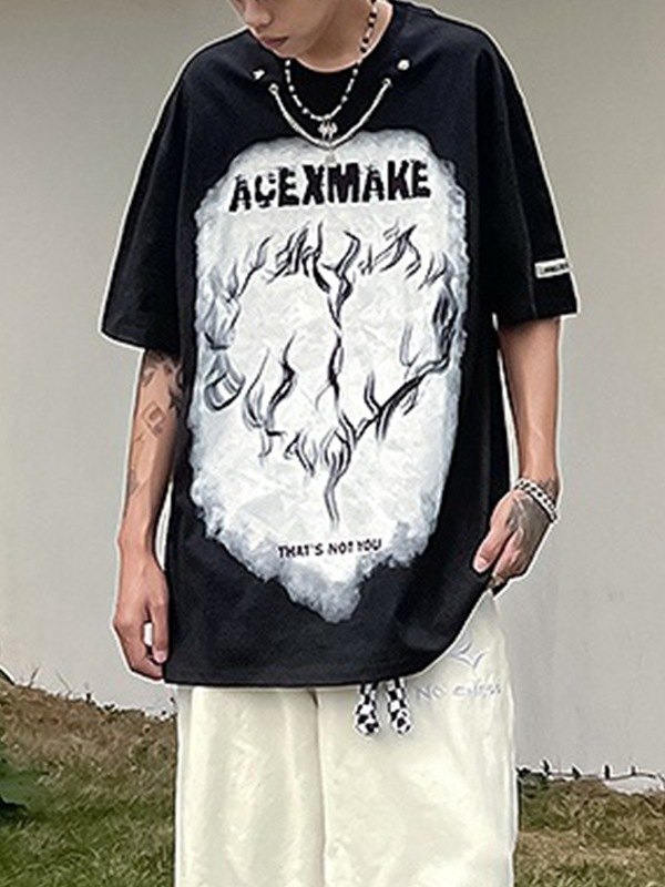 EMMIOL Camiseta con estampado de llamas y adorno de cadena para hombre