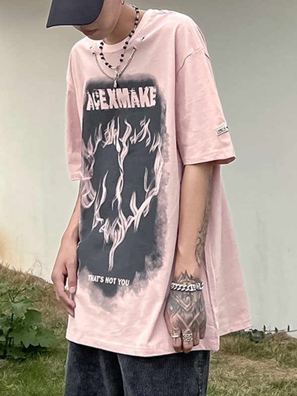 EMMIOL Camiseta con estampado de llamas y adorno de cadena para hombre