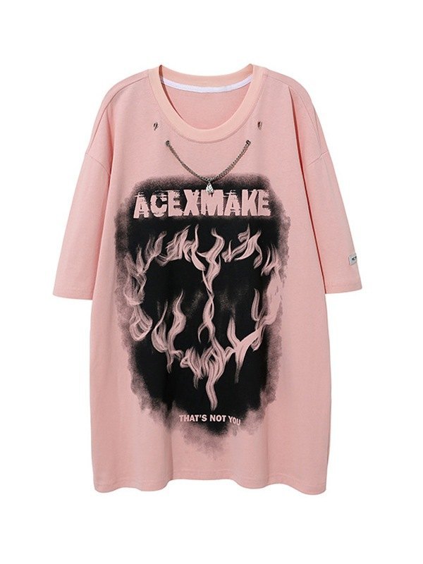EMMIOL Camiseta con estampado de llamas y adorno de cadena para hombre