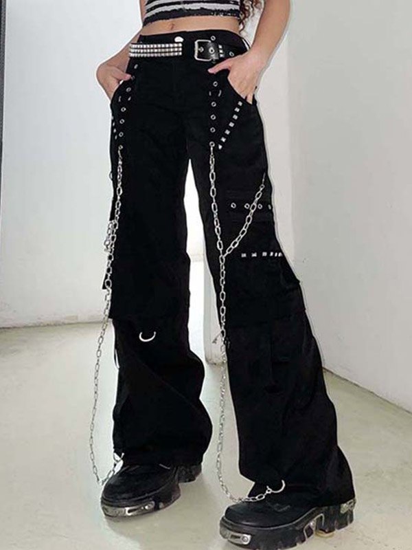 EMMIOL Pantalones cargo tipo paracaídas con adorno de cadena