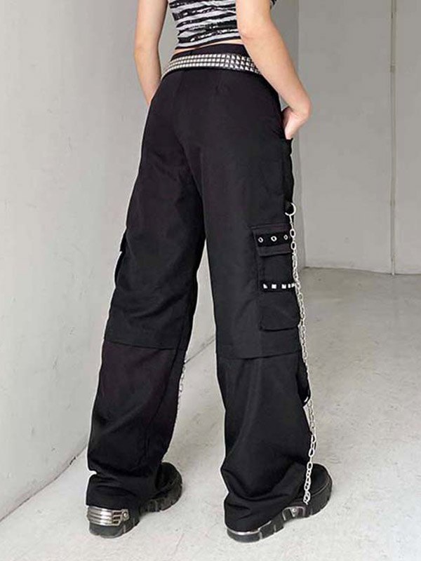 EMMIOL Pantalones cargo tipo paracaídas con adorno de cadena