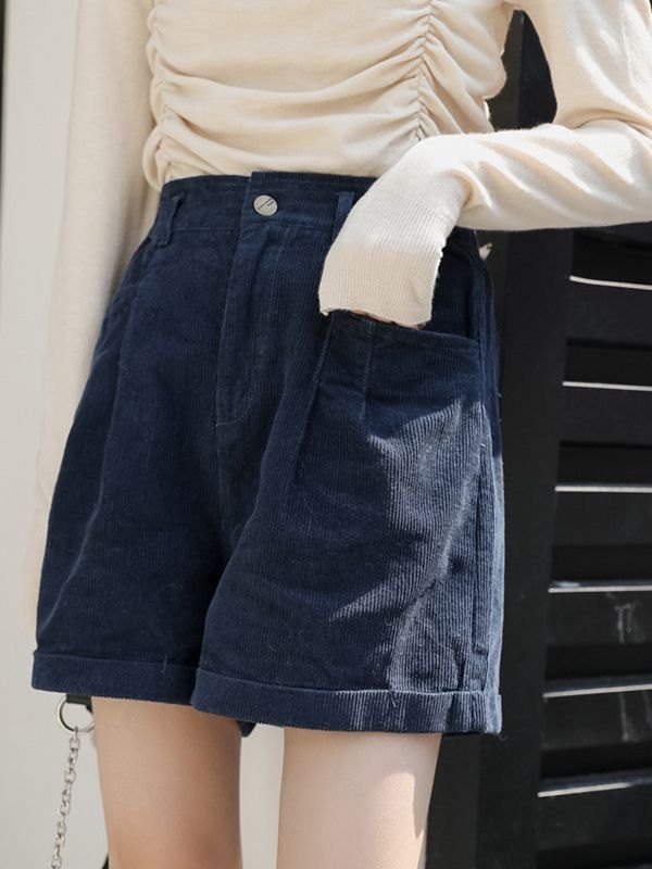 EMMIOL Shorts casuales de pana con dobladillo con puños