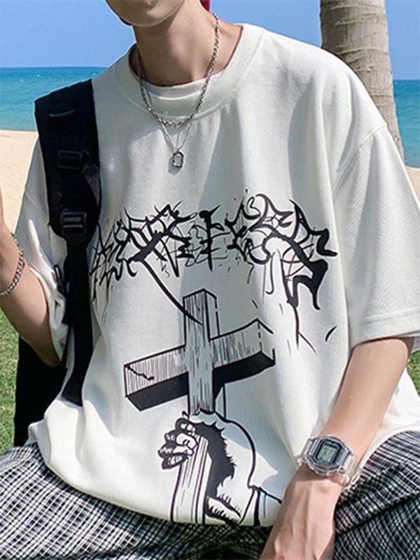 EMMIOL Camiseta con estampado de cruz gótica punk para hombre