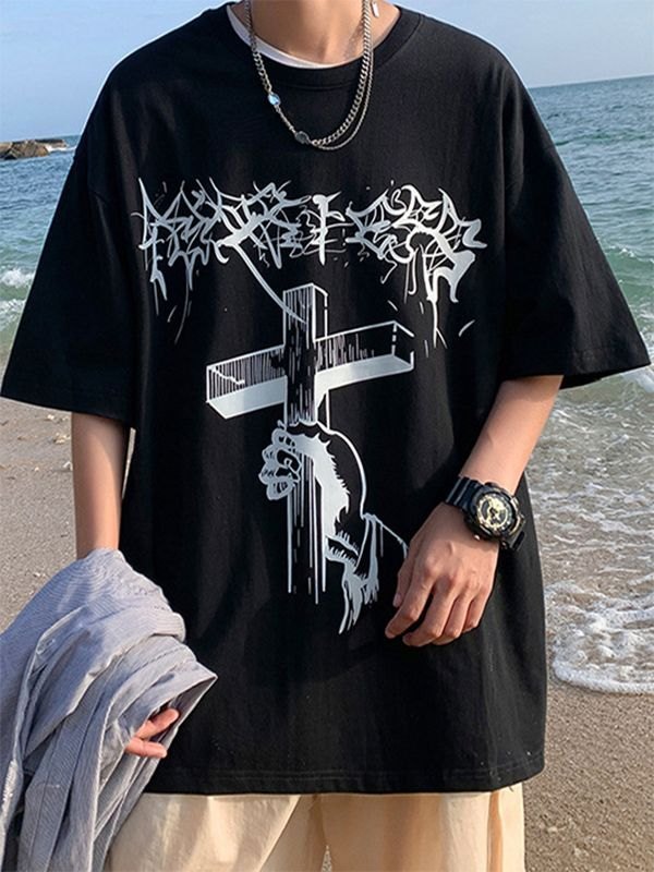 EMMIOL Men's Gothic Punk Cross Graphic Tee