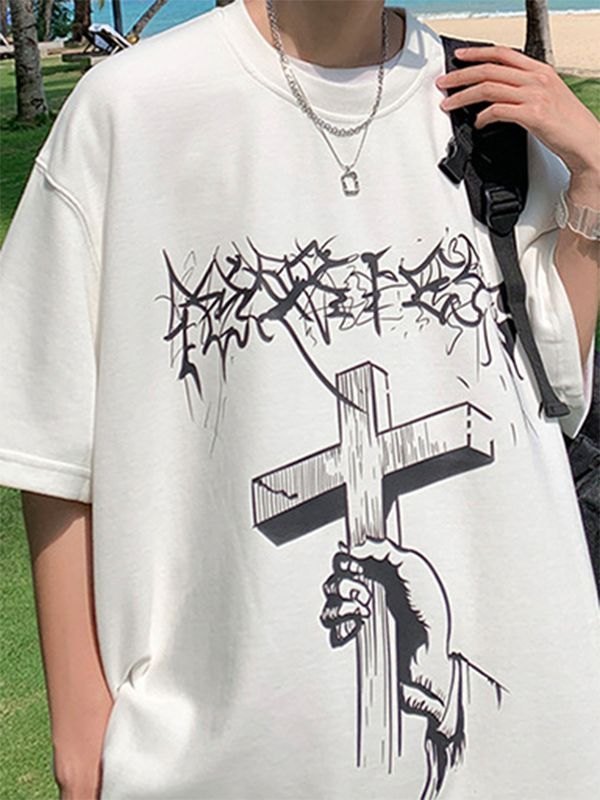 EMMIOL Camiseta con estampado de cruz gótica punk para hombre
