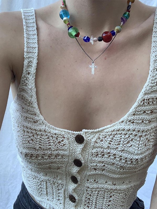 EMMIOL Camiseta sin mangas de punto de croché con botones