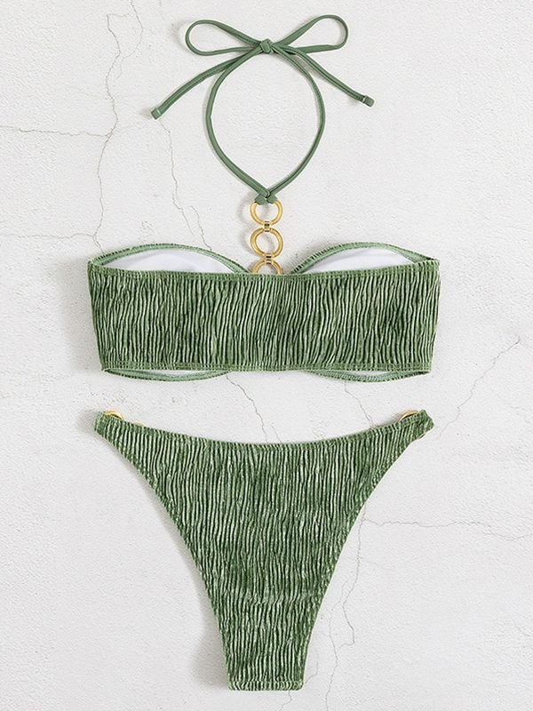 Emmiol Free shipping 2023 O Ring Ruched Velvet Bikini Set Green M in
