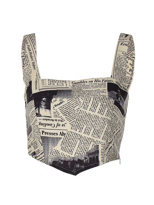Emmiol Free shipping 2023 Vintage Newspaper Print Corset Top Khaki M in
