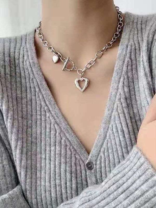 Emmiol Free shipping 2023 Heart Pendant Toggle Necklace Silver ONE SIZE