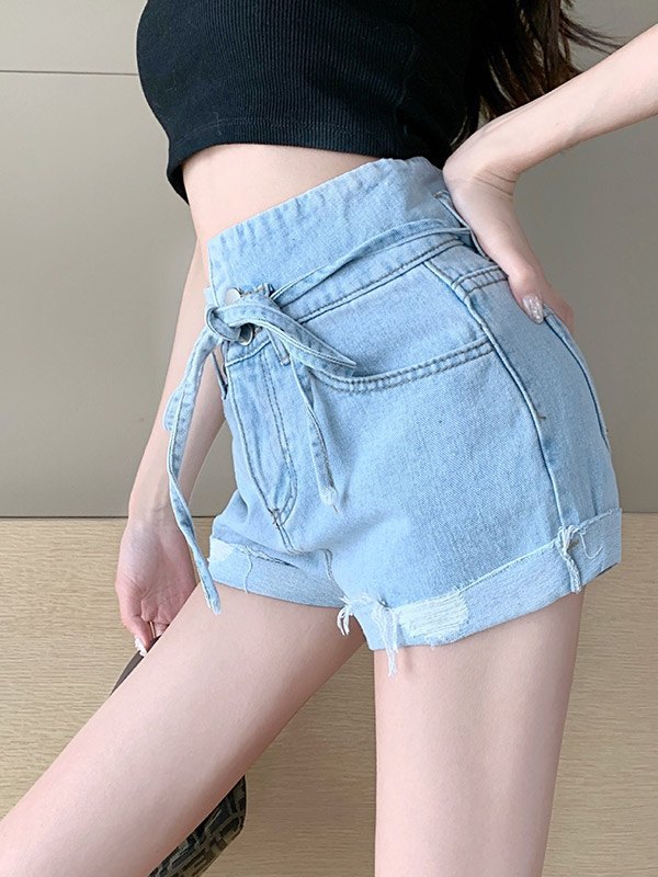 EMMIOL Shorts de mezclilla con dobladillo sin rematar con puños irregulares