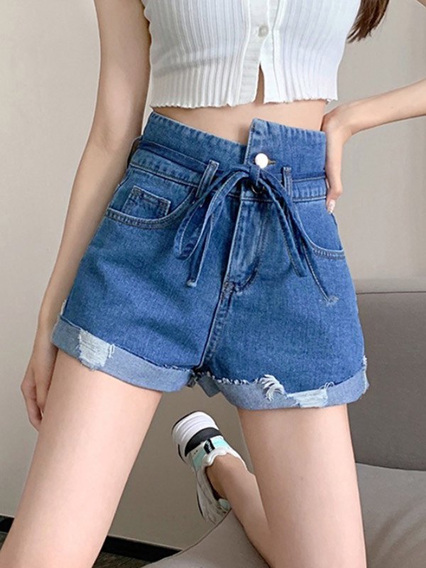 EMMIOL Shorts de mezclilla con dobladillo sin rematar con puños irregulares