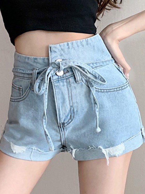 EMMIOL Shorts de mezclilla con dobladillo sin rematar con puños irregulares