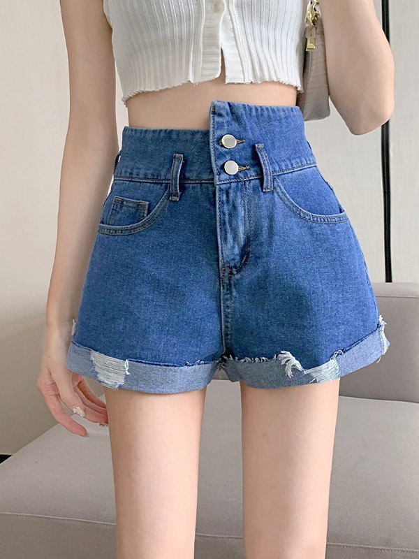 EMMIOL Shorts de mezclilla con dobladillo sin rematar con puños irregulares